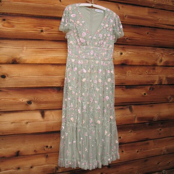 Mac Duggal Green Multicolor Embroidered V Neck Cap Sleeve Midi Dress 35104 - Picture 7 of 14